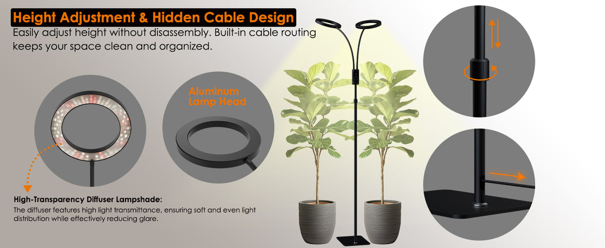 Glowrium G5 height adjustable floor plant light with hidden cable routing and aluminum lamp head