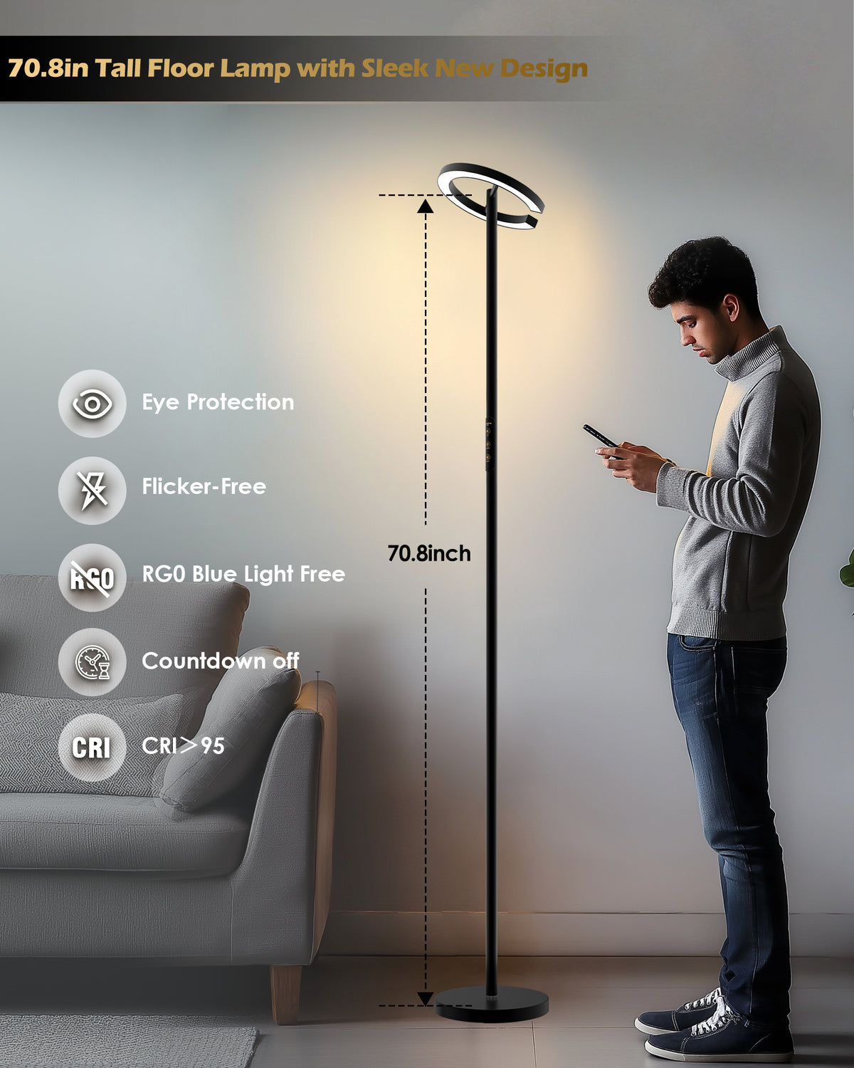 GLOWRIUM® H3B 2700K-6500K Stehleuchte mit Fernbedienung für Wohnzimmer & Schlafzimmer & Büro