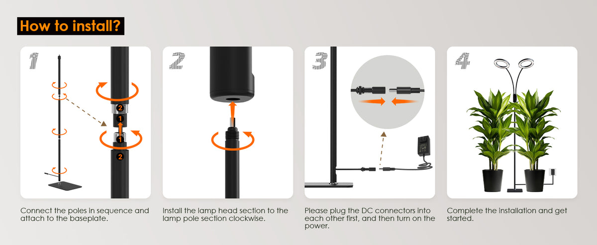 Four step installation guide for connecting Glowrium G5 floor plant light poles and baseplate