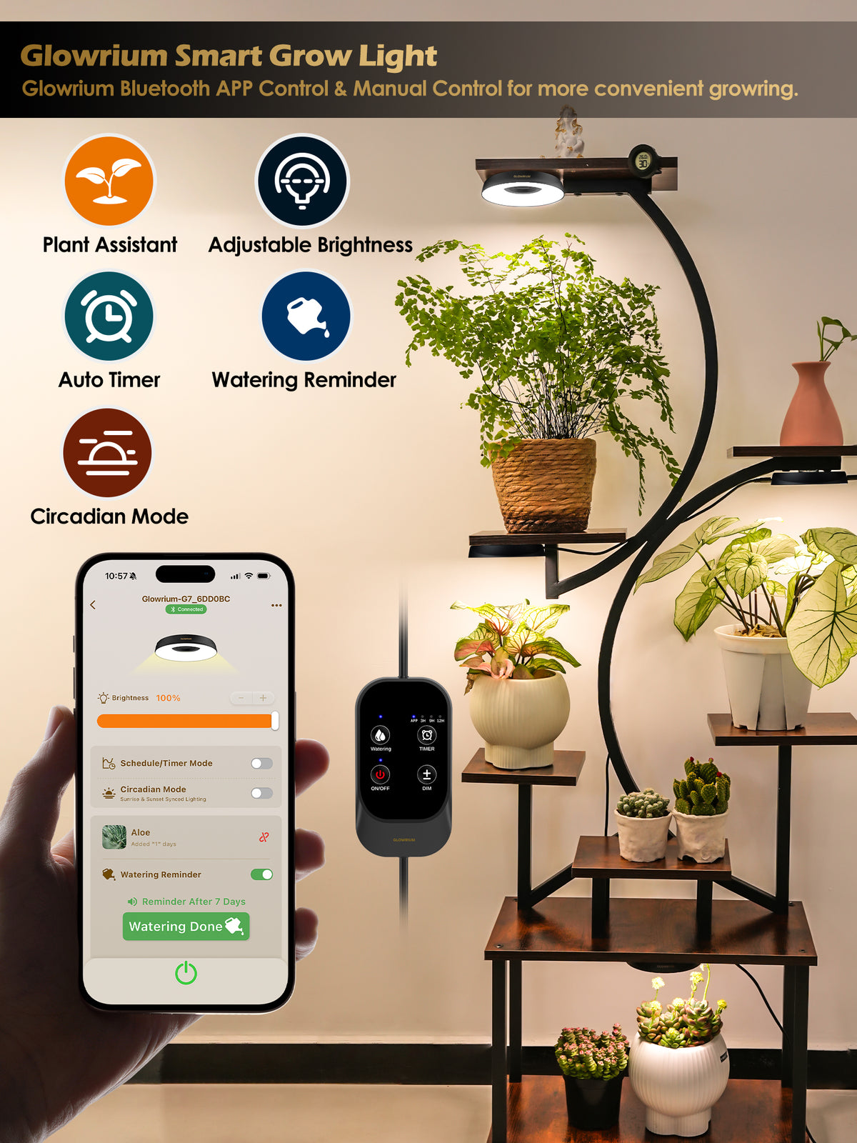 GLOWRIUM® G7 Smart LED Grow Light for Indoor Plants - Full Spectrum, Auto Timer, Stepless Dimming, Watering Reminder, Modular Design, Plant Assistant