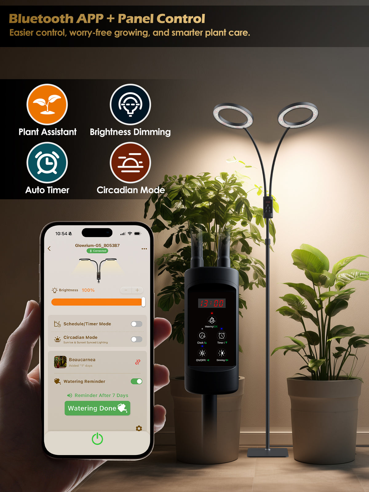 Glowrium G5 dual head floor plant lamp with Bluetooth app and panel control