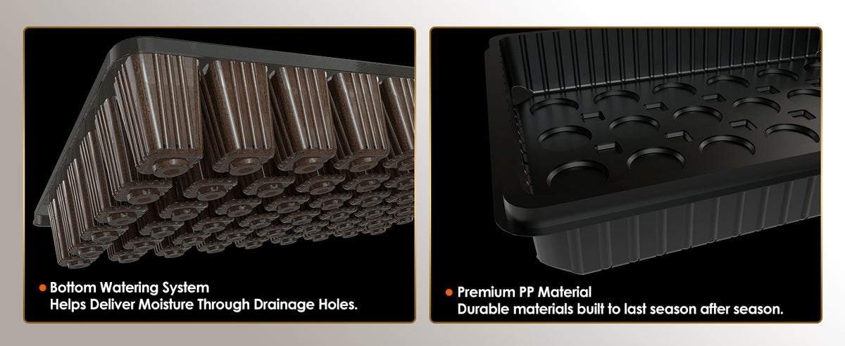 Glowrium G9 seed starter tray showing premium PP material and bottom watering system