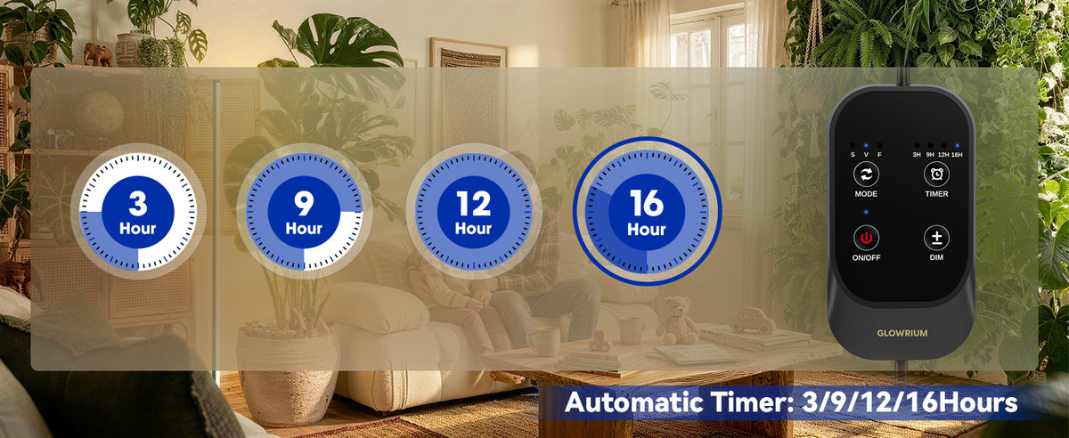 Glowrium G3 LED grow light displaying automatic timer settings for indoor plants