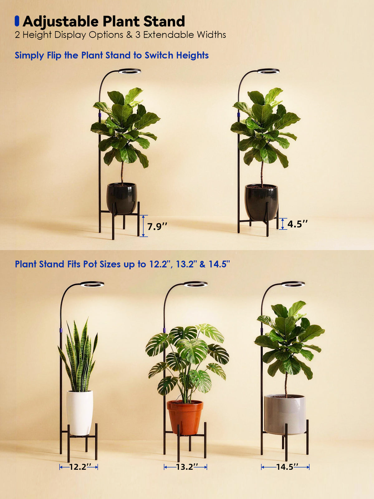 GLOWRIUM® G11 Plant Stand with Grow Light, 24W Full Spectrum Indoor Plant Light, Adjustable Height Metal Plant Shelf, Dimmable Floor Growing Lamp with App & Timer Control for Home Decor