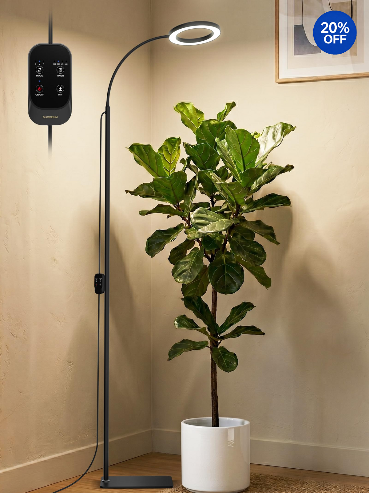 GLOWRIUMÂŽ G2 Pro 24W LED Grow Light for Indoor Plants - Full Spectrum, Adjustable Height, Timer, and Plant Assistant