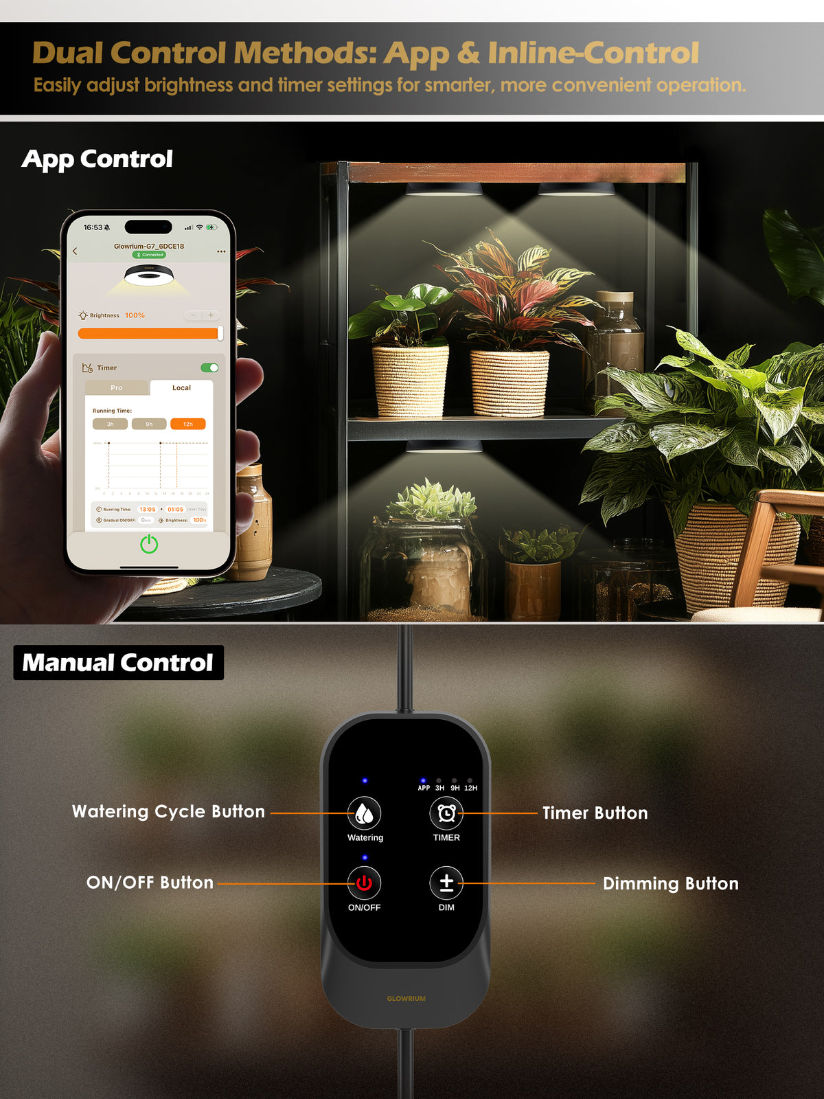 GLOWRIUM® G7 Smart LED Grow Light for Indoor Plants - Full Spectrum, Auto Timer, Stepless Dimming, Watering Reminder, Modular Design, Plant Assistant