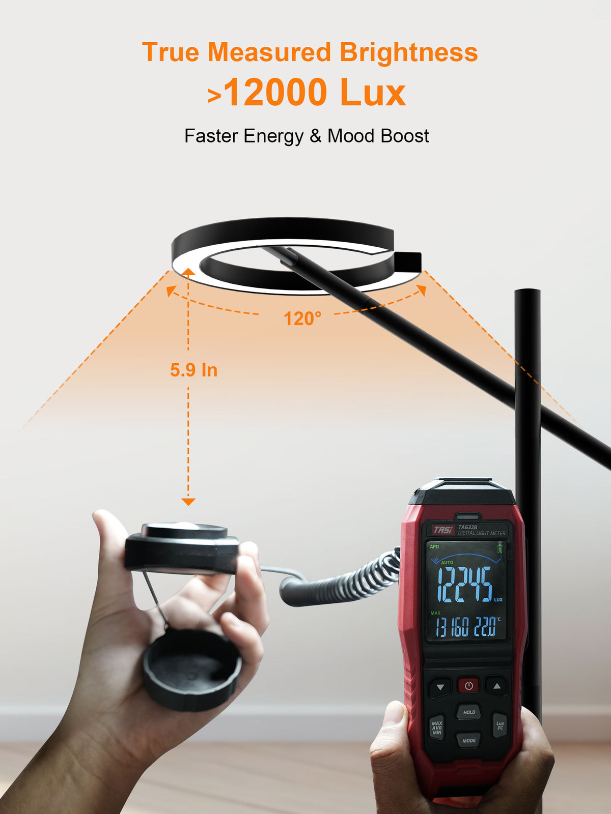 GLOWRIUM® H1B Happy Therapy Floor Lamp - UV-Free, Stepless Dimming, 12,000 Lux Brightness, Remote Control, Timer