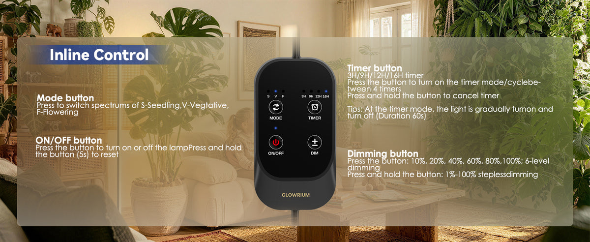 Glowrium G3 LED grow light displaying comprehensive inline control button settings and functions