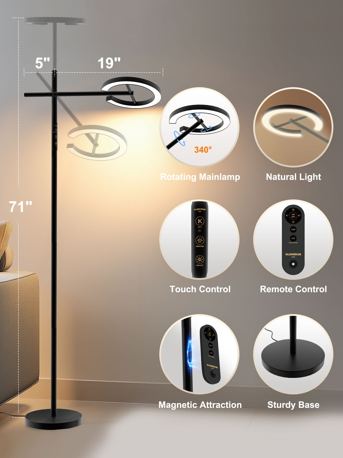 GLOWRIUM® H1B Happy Therapy Floor Lamp - UV-Free, Stepless Dimming, 12,000 Lux Brightness, Remote Control, Timer
