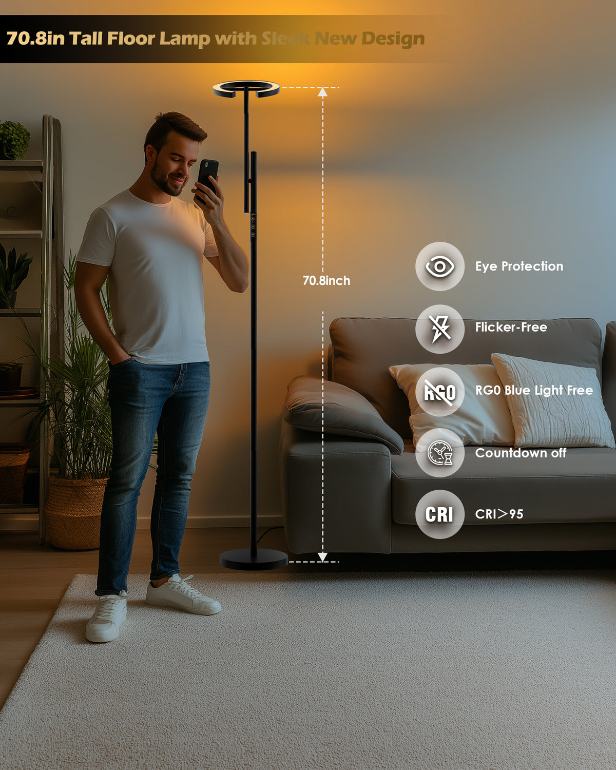 GLOWRIUM® H1B 2700-6500K Reading Floor Lamp with Stepless Dimmable, Rotatable for Living Room & Bedroom & Office
