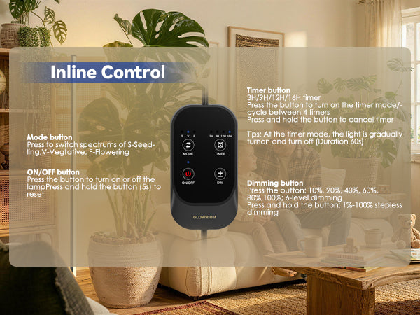 Comprehensive inline control button settings and functions displayed for Glowrium G3 LED grow light