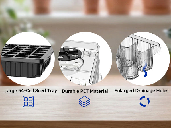 The 54 cell tray, PET plastic, and drainage highlighted on Glowrium G9 seed starter kit