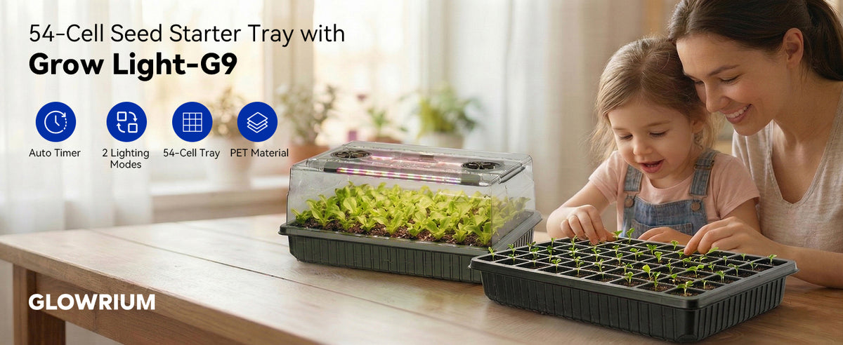Glowrium G9 seed starter kit showcasing auto timer, dual modes, and PET tray