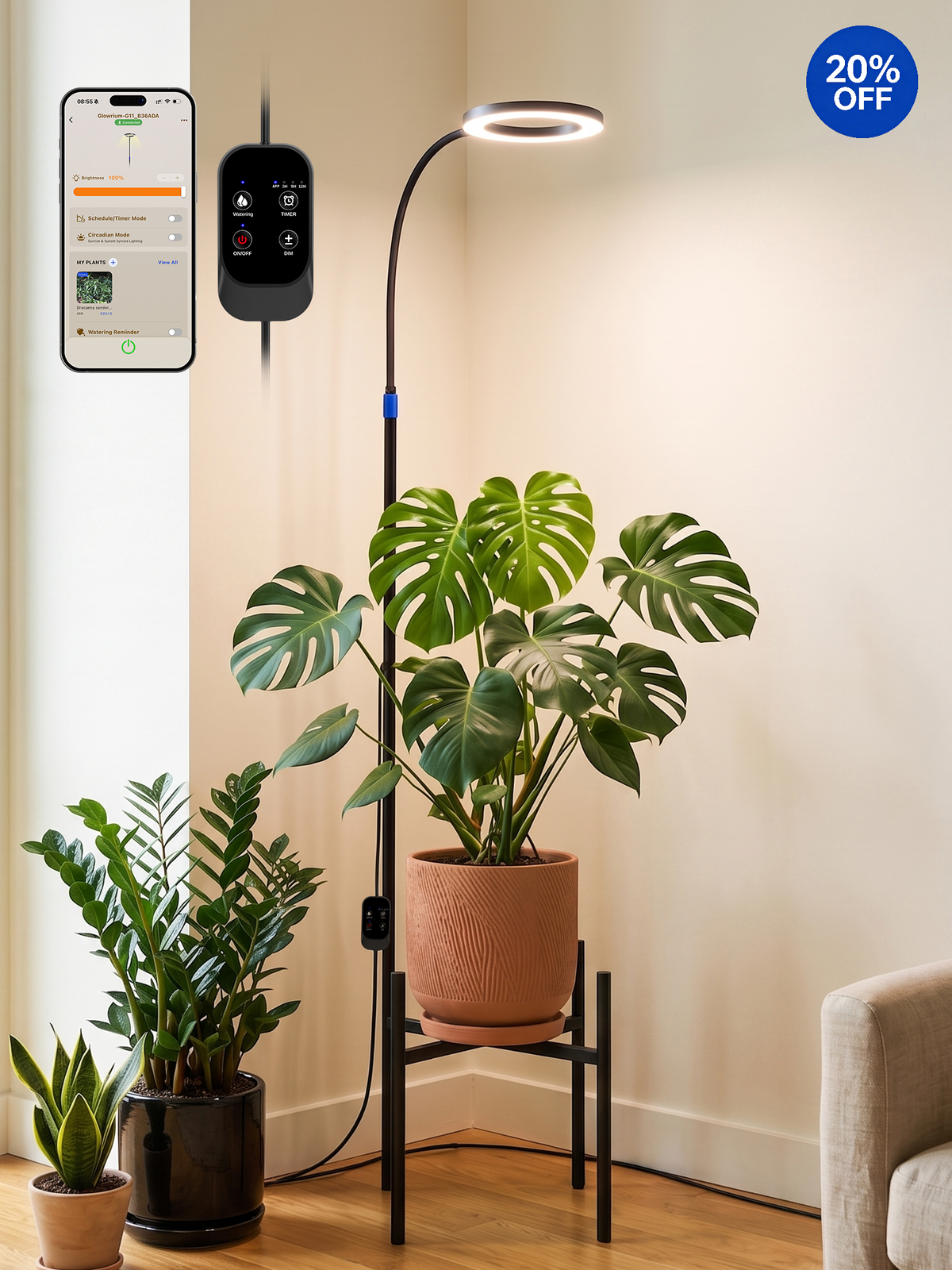 GLOWRIUM® G11 Plant Stand with Grow Light, 24W Full Spectrum Indoor Plant Light, Adjustable Height Metal Plant Shelf, Dimmable Floor Growing Lamp with App & Timer Control for Home Decor