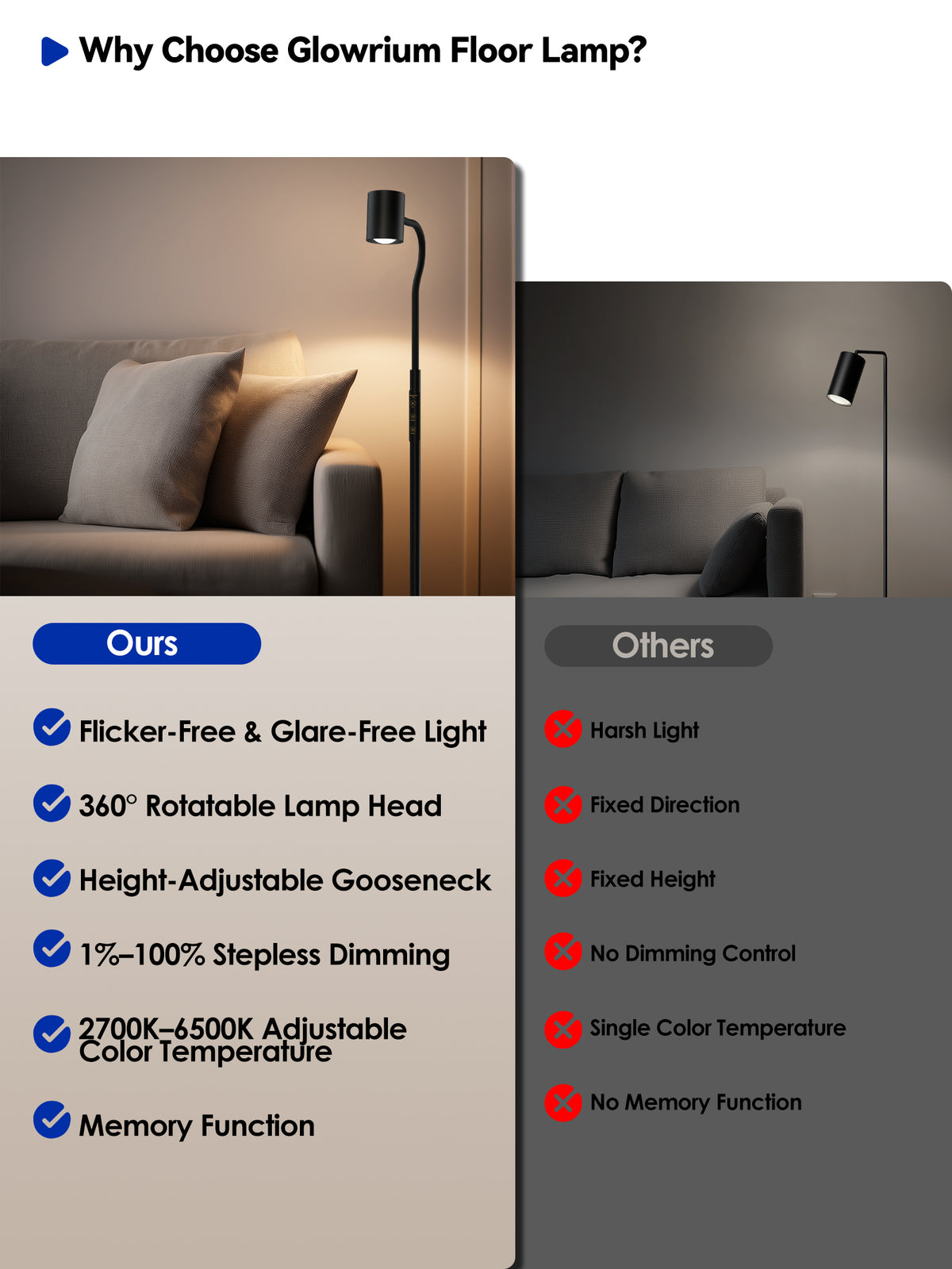 GLOWRIUM® H2B 12W 62" LED Reading Floor Lamp for Living Room & Bedroom & Office