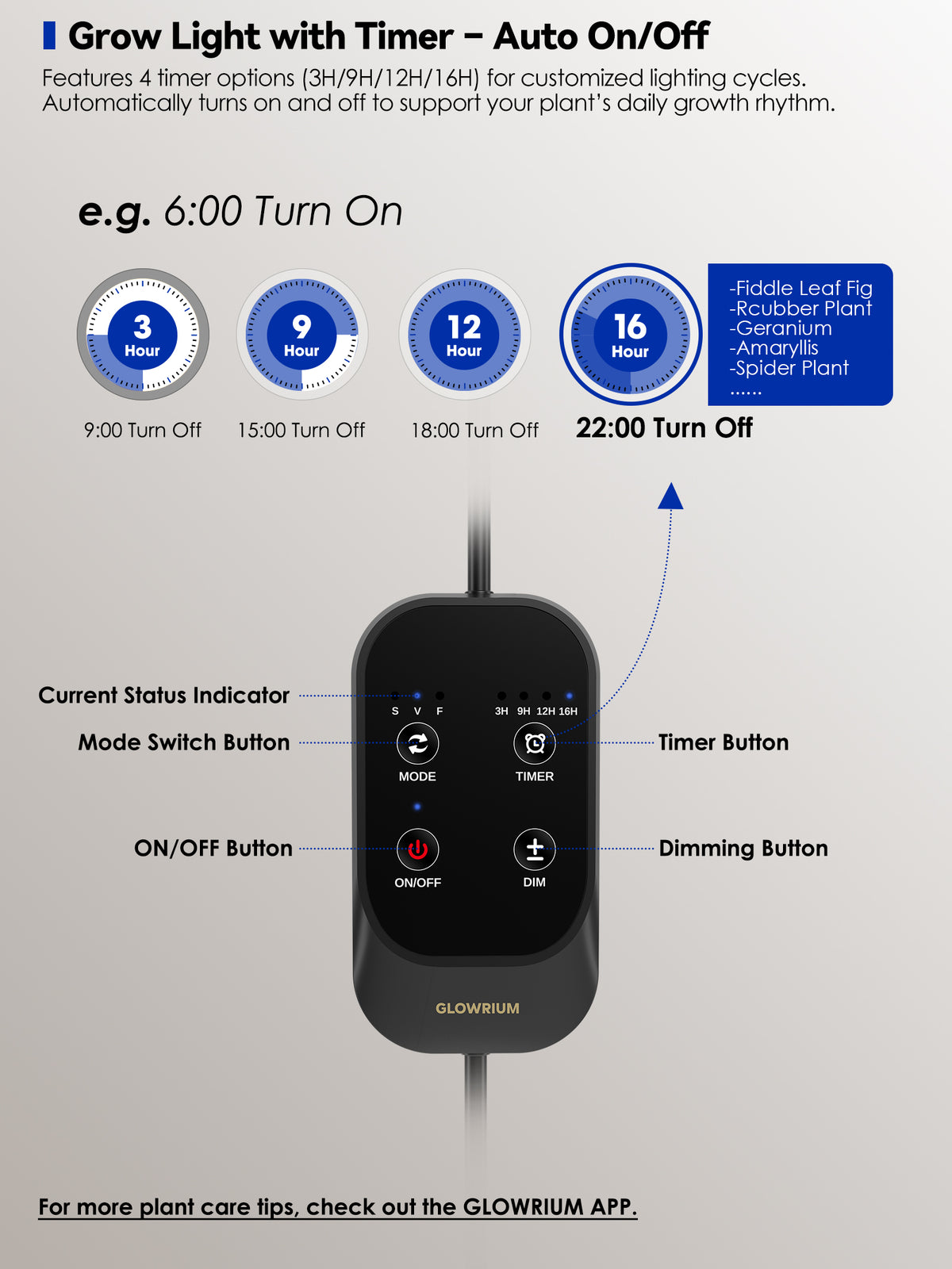 Glowrium G2 floor plant light manual inline controller detailing the power button, dimming options, mode switch, and 4 auto timer options