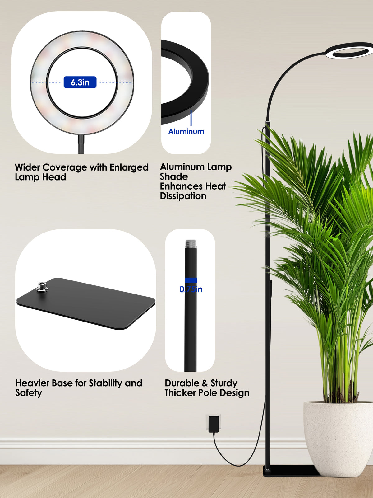 Glowrium G2 LED floor grow light hardware engineering detailing an enlarged 6.3-inch aluminum lamp head, a heavier steel base for stability, and a 0.75-inch durable thicker pole design