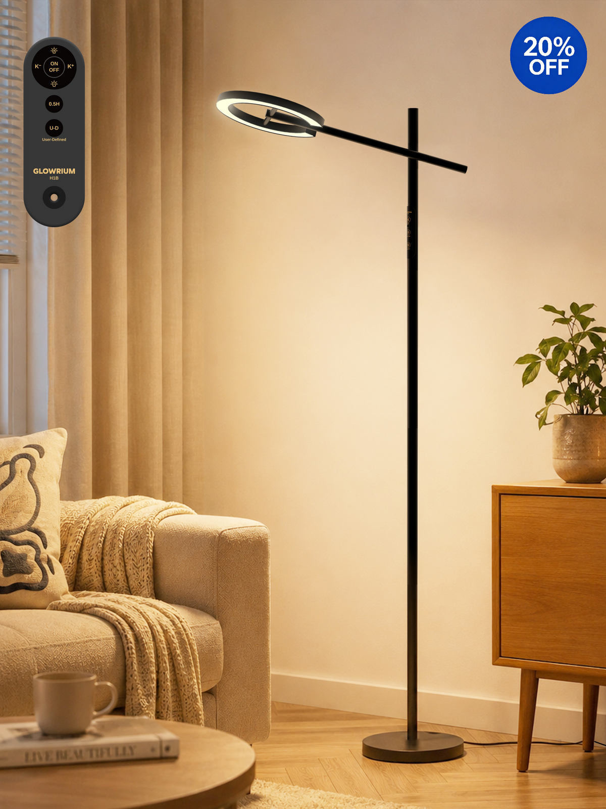GLOWRIUM® H1B 2700-6500K Reading Floor Lamp with Stepless Dimmable, Rotatable for Living Room & Bedroom & Office