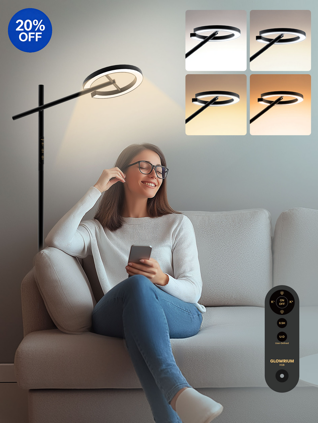 GLOWRIUM® H1B Happy Therapy Stehleuchte - UV-frei, stufenloses Dimmen, 12.000 Lux Helligkeit, Fernbedienung, Timer