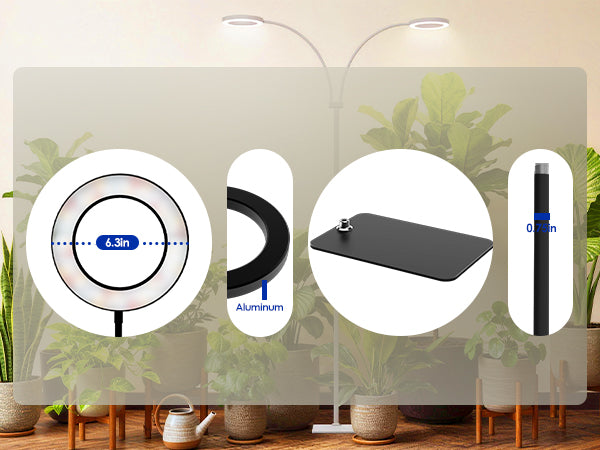 Glowrium G2 plant light specs: 6.3" aluminum ring and stable stand base