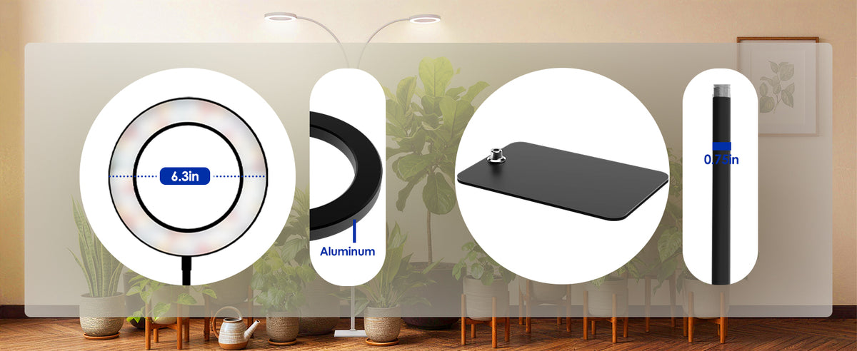 Glowrium G2 tall plant light dimensions featuring 6.3 inch aluminum ring head and stable floor base