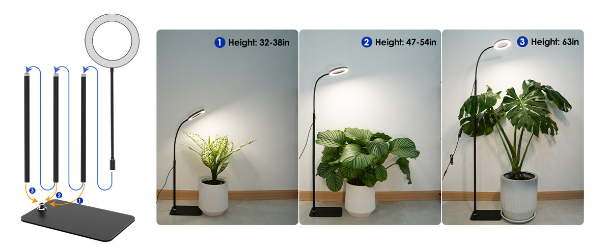 Adjustable height floor grow light by Glowrium G2, extending from 32 inches to 63 inches for indoor plants