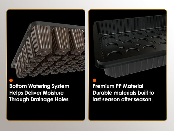 Premium PP material and bottom watering system displayed on Glowrium G9 seed starter tray