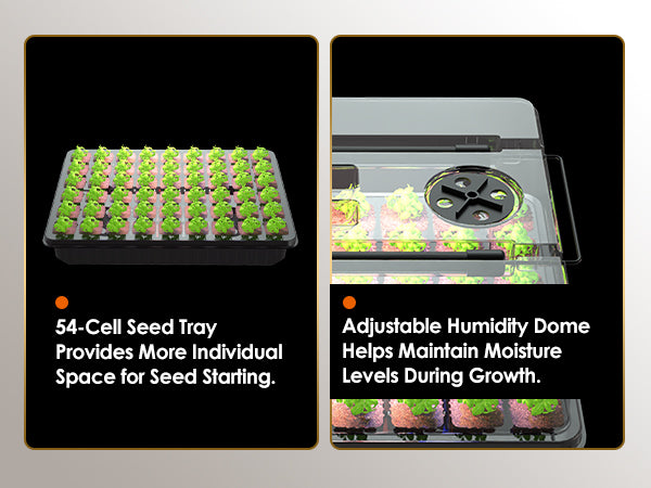 The 54 cell tray and adjustable humidity dome integrated in Glowrium G9 seed starter kit