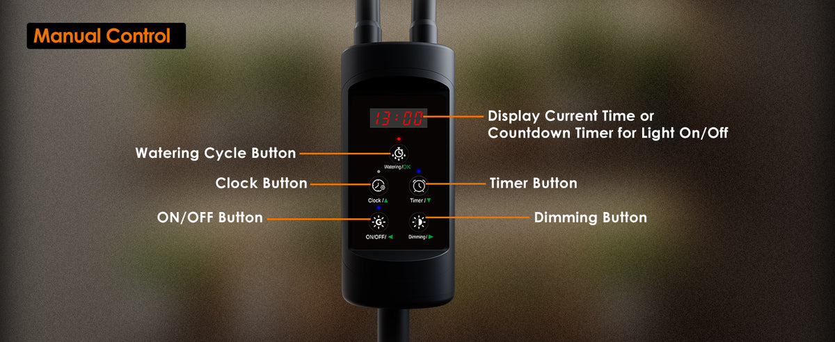 Glowrium G5 manual grow light controller breaking down dimming, clock, and watering timer buttons