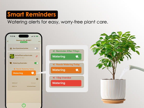 Users can water a potted green houseplant can based on GLOWRIUM app alerts