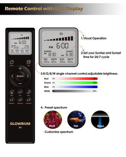 GLOWRIUM® A4 LED Full Spectrum Freshwater Aquarium Light with IP67 Waterproof