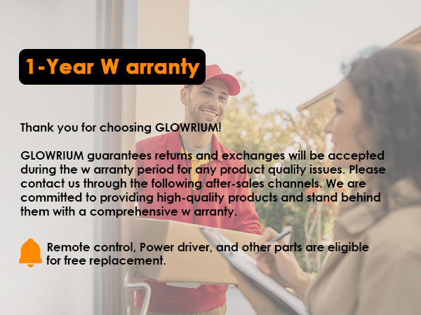 Glowrium customer service offering a comprehensive 1-year warranty and free replacements