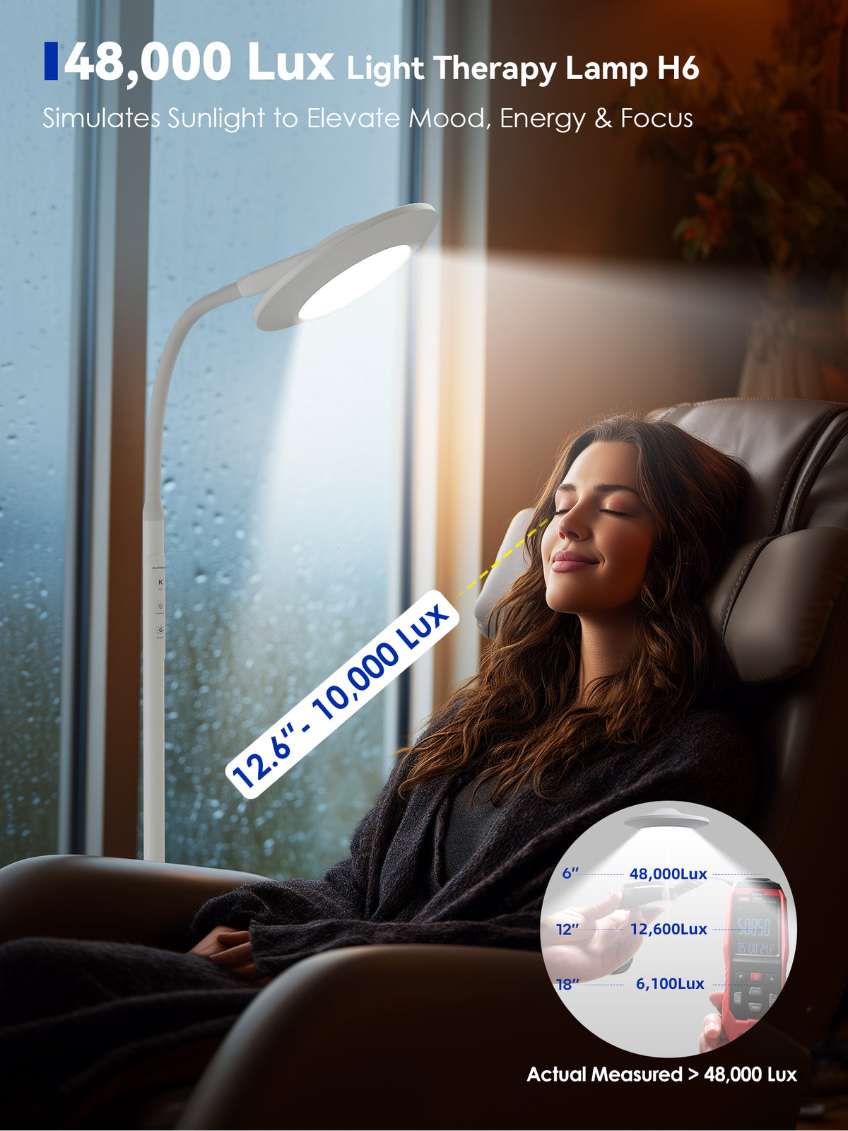 GLOWRIUM® H6 Lichttherapie-Stehlampe - 48.000 Lux UV-freie Vollspektrum-Tageslichtlampe mit Fern- und Touch-Steuerung