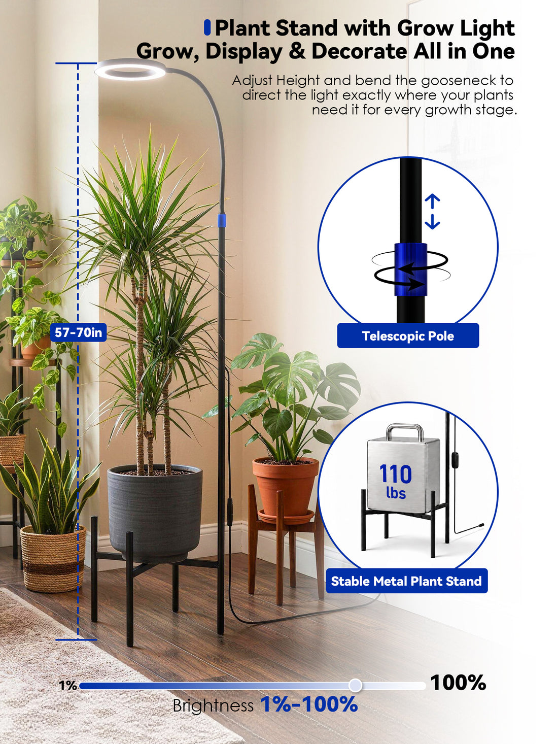 GLOWRIUM® G11 Plant Stand with Grow Light, 24W Full Spectrum Indoor Plant Light, Adjustable Height Metal Plant Shelf, Dimmable Floor Growing Lamp with App &amp; Timer Control for Home Decor