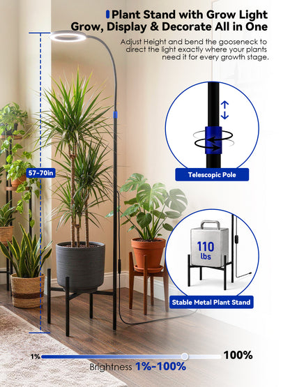 GLOWRIUM® G11 Plant Stand with Grow Light, 24W Full Spectrum Indoor Plant Light, Adjustable Height Metal Plant Shelf, Dimmable Floor Growing Lamp with App &amp; Timer Control for Home Decor