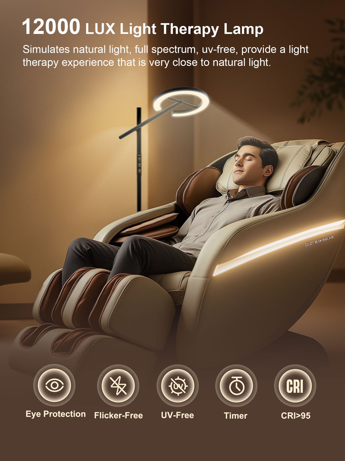 GLOWRIUM® H1B Happy Therapy Floor Lamp - UV-Free, Stepless Dimming, 12,000 Lux Brightness, Remote Control, Timer