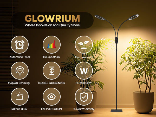 GLOWRIUM G5 Smart dual head floor plant light illuminating large indoor potted trees in a warm dark room