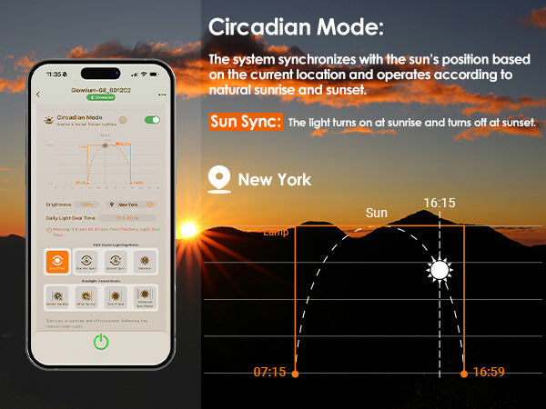 GLOWRIUM APP showing circadian mode settings for automatic sunrise sunset lighting