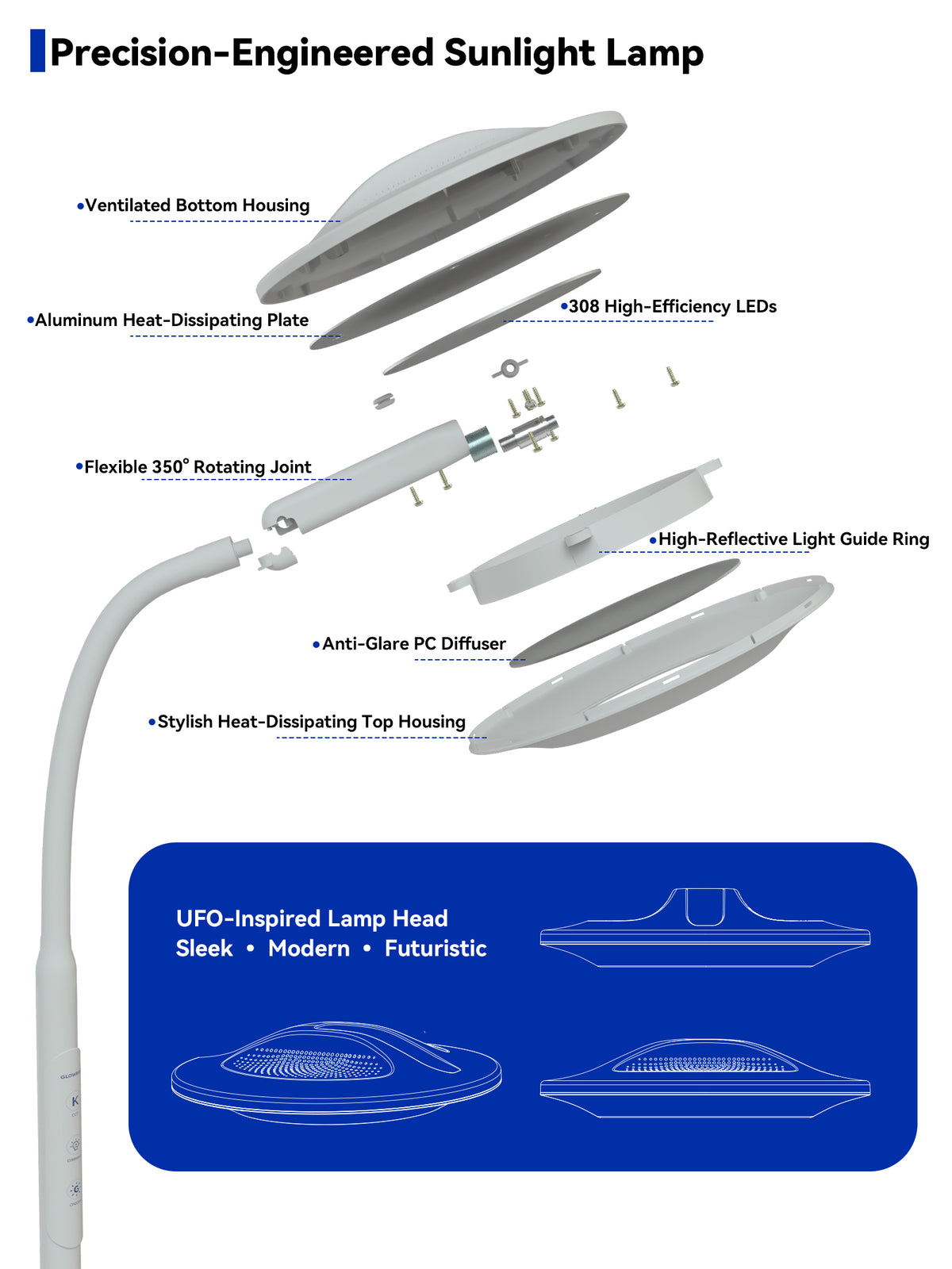GLOWRIUM® H6 Lichttherapie-Stehlampe - 48.000 Lux UV-freie Vollspektrum-Tageslichtlampe mit Fern- und Touch-Steuerung