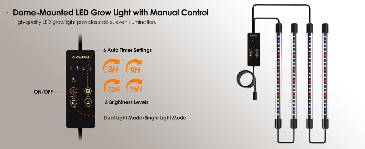 Glowrium G9 seed starter kit with grow light displaying manual control settings