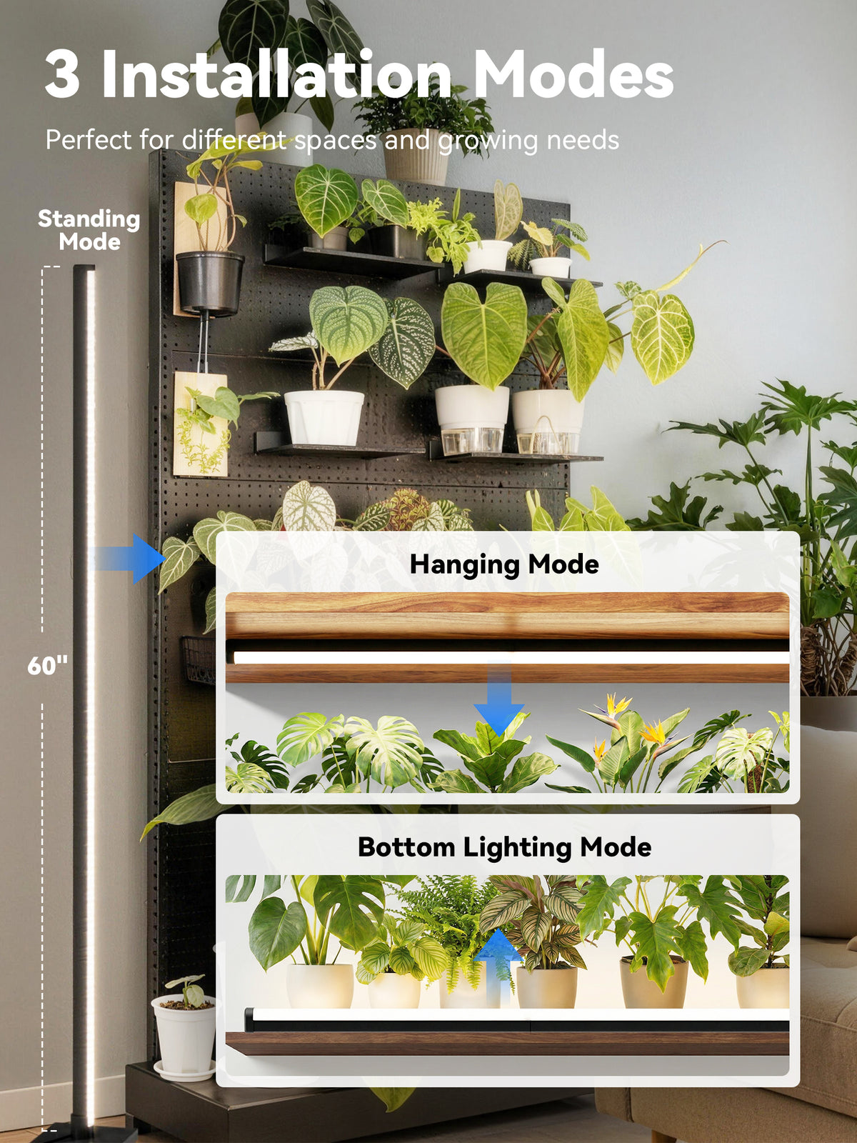 GLOWRIUM G3 vertical grow light standing, hanging, and bottom modes