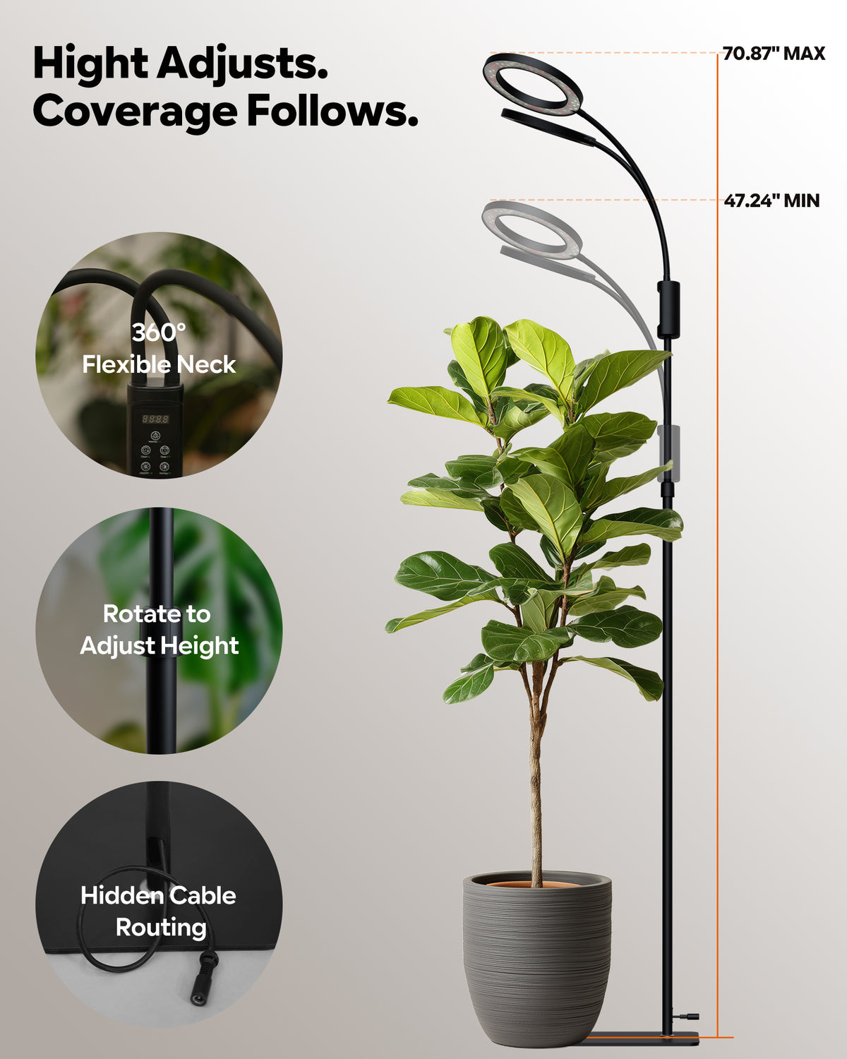 Glowrium G5 adjustable floor grow light extending from 47.24 to 70.87 inches with 360-degree flexible gooseneck and hidden cable routing over a fiddle leaf fig
