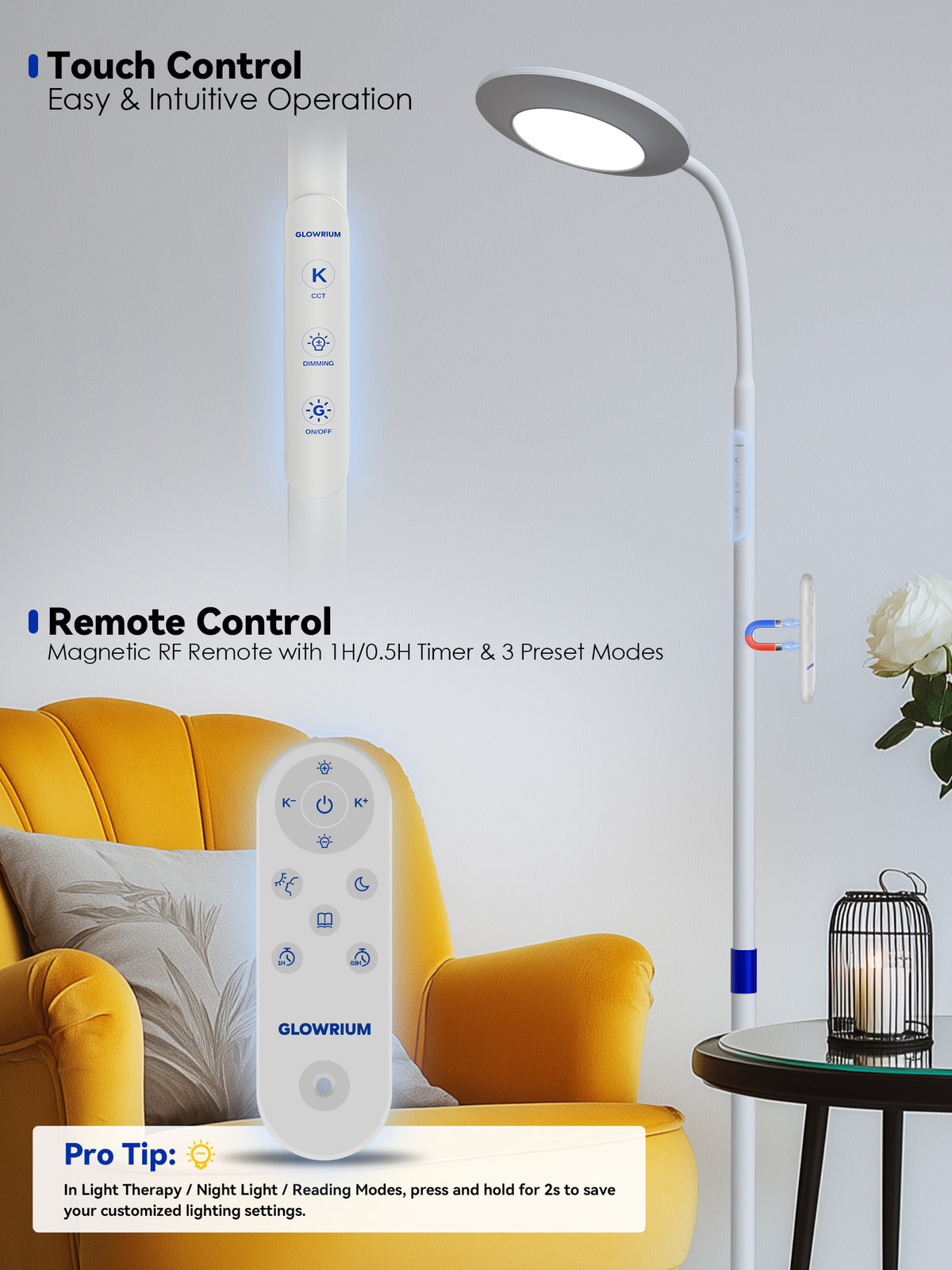 GLOWRIUM® H6 Lichttherapie-Stehlampe - 48.000 Lux UV-freie Vollspektrum-Tageslichtlampe mit Fern- und Touch-Steuerung