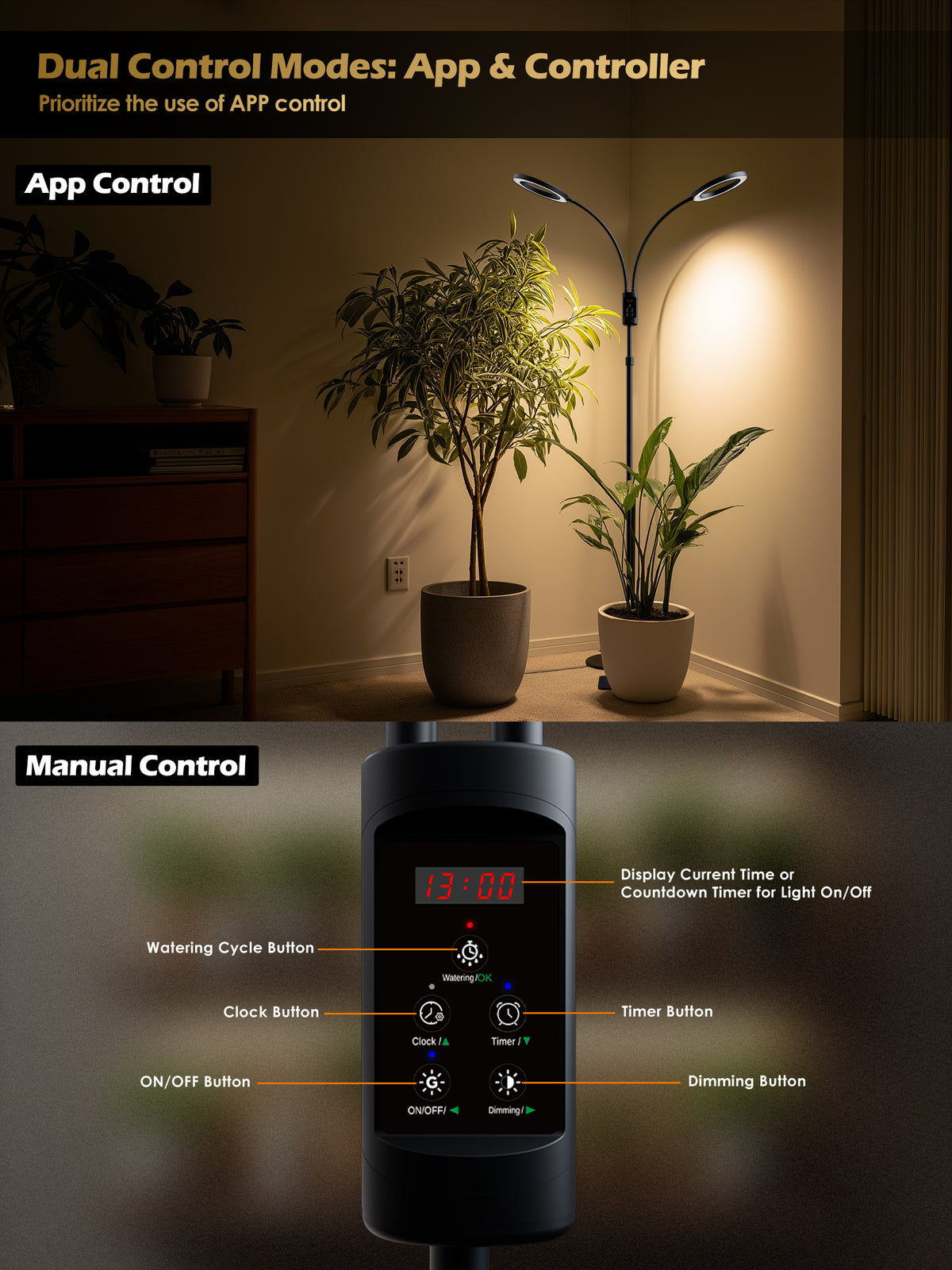 Glowrium G5 smart floor grow light featuring dual control options via smartphone app and manual controller