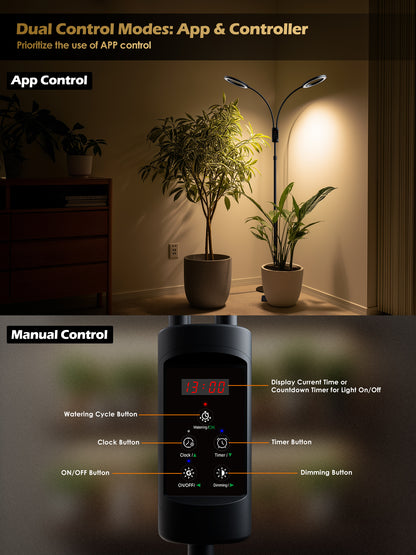 Glowrium G5 smart floor grow light featuring dual control options via smartphone app and manual controller
