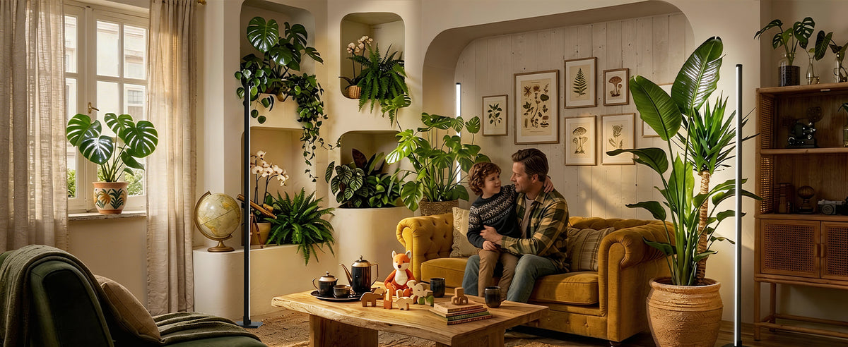 in a living room illuminated by Glowrium G3 LED floor grow lights