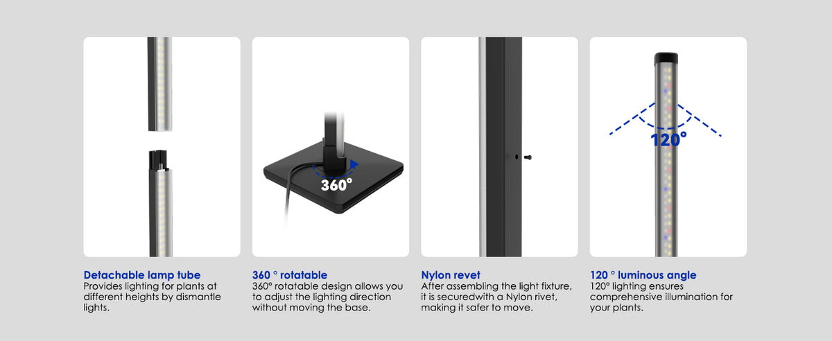 Glowrium G3 vertical LED grow light showing detachable lamp tube and 360 degree rotatable base