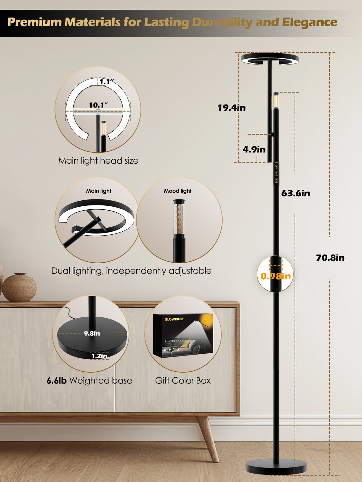 GLOWRIUM® H1 Smart Home Floor Lamp with APP Control &amp; Stepless Dimmable