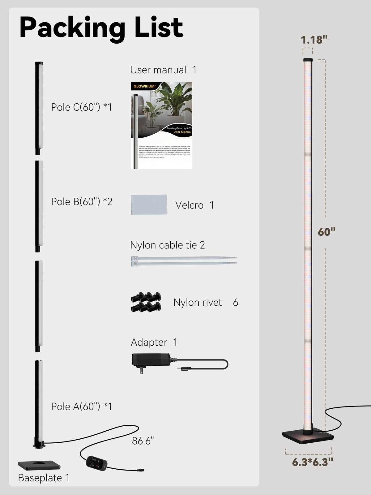 Packing List for GLOWRIUM G3 36W full spectrum vertical grow light with