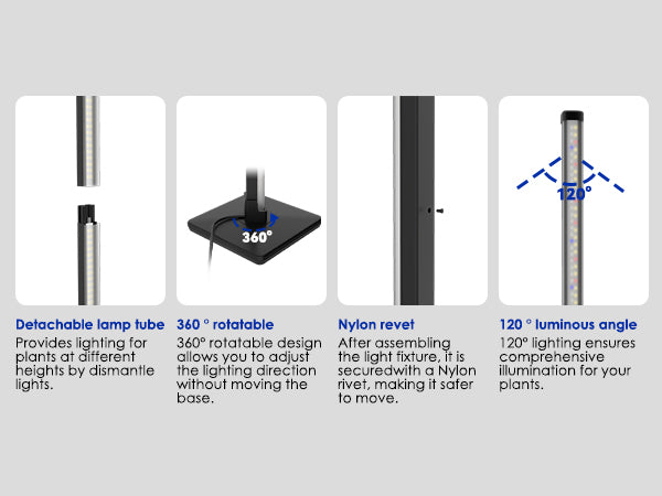 Detachable lamp tube and 360 degree rotatable base shown on Glowrium G3 vertical LED grow light